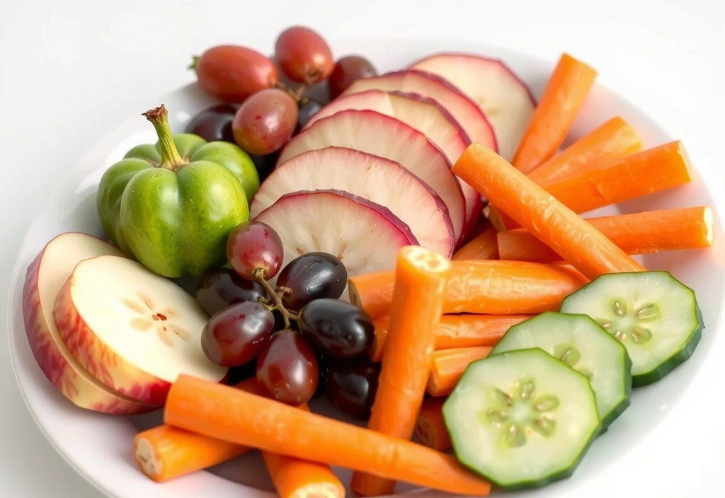 Buntes Obst und Gemüse, das als Snack für eine gesunde Ernährung dient.