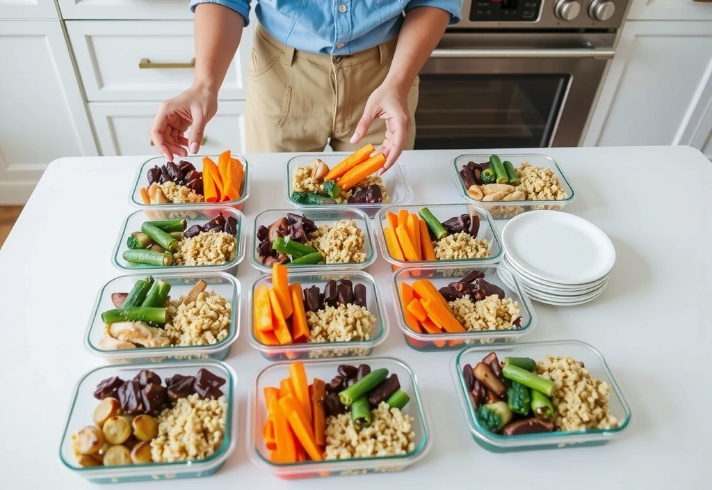Eine Person bereitet Mahlzeiten in verschiedenen Behältern für die Woche vor, um gesunde Ernährung zu fördern.