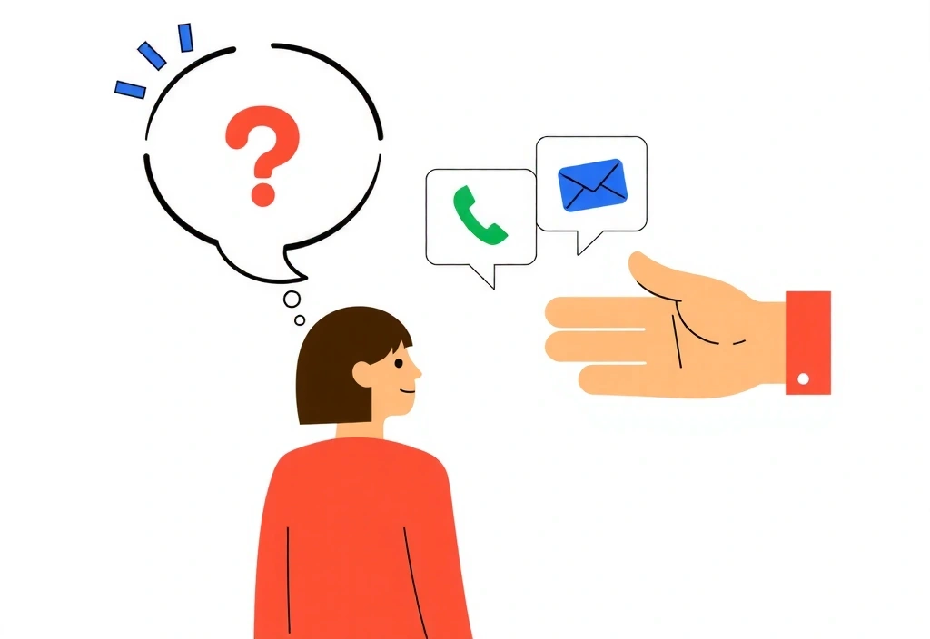 Illustration einer Person, die eine Frage stellt und eine Hand, die eine E-Mail oder Telefonat anzeigt