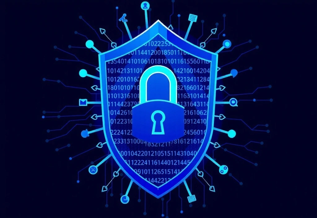 Ein digitales Schutzschild mit stilisierten Datenpaketen, die sicher verschlüsselt werden, vor einem Hintergrund aus Cyber-Sicherheits-Symbolen.