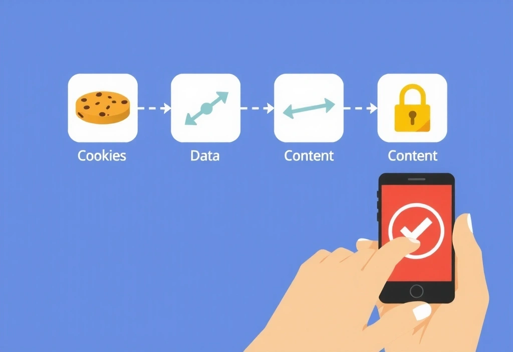 Eine Person, die ein Smartphone benutzt, mit stilisierten Icons für Cookies und Datenfluss im Hintergrund.