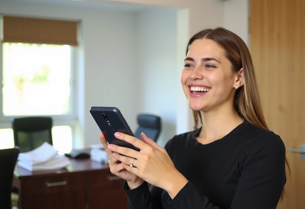 Eine Person, die ein Telefon hält und lächelt, was Freundlichkeit und Erreichbarkeit symbolisiert.