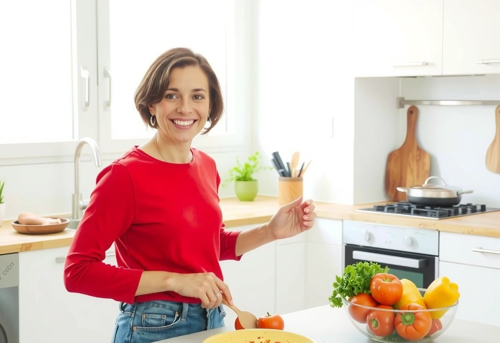Eine Frau lächelt bei der Zubereitung einer gesunden Mahlzeit in einer modernen Küche