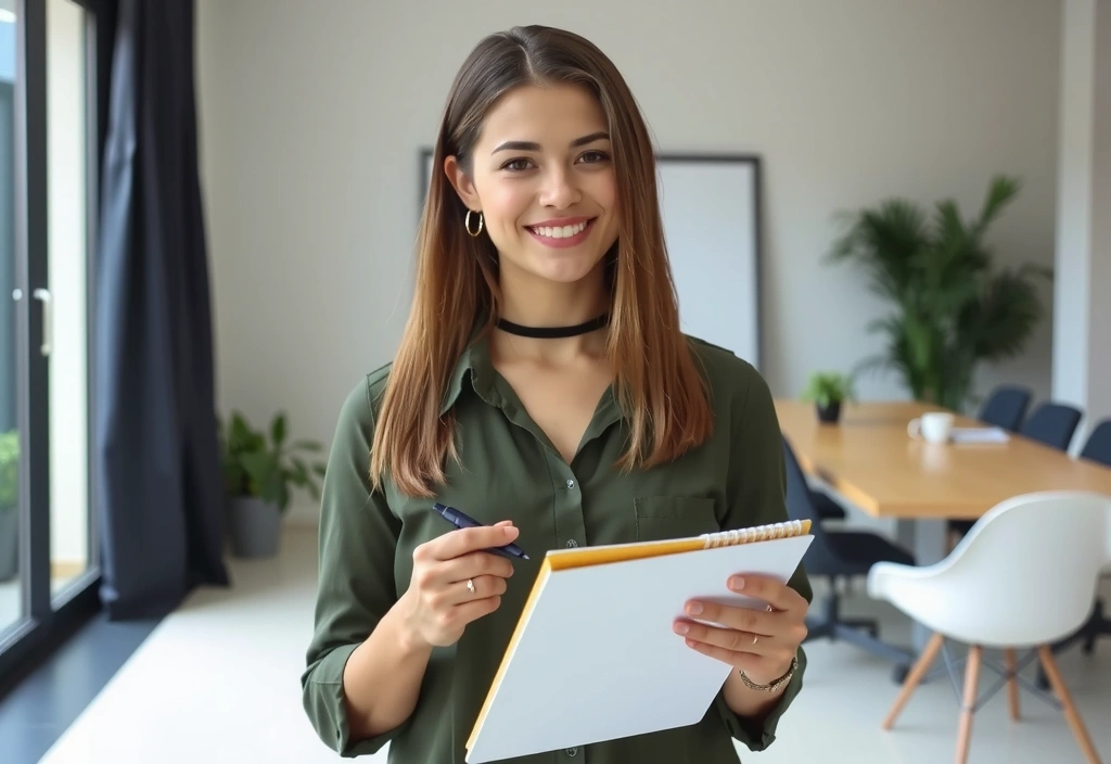 Porträt einer lächelnden Ernährungsexpertin, die ein Notizbuch hält
